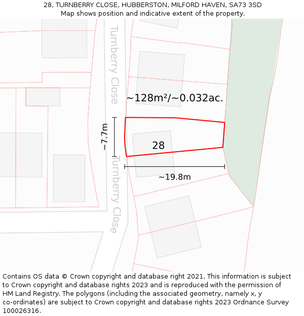 28, TURNBERRY CLOSE, HUBBERSTON, MILFORD HAVEN, SA73 3SD: Plot and title map