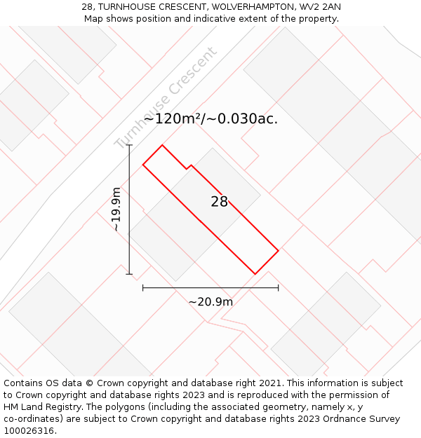 28, TURNHOUSE CRESCENT, WOLVERHAMPTON, WV2 2AN: Plot and title map
