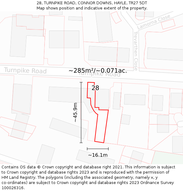 28, TURNPIKE ROAD, CONNOR DOWNS, HAYLE, TR27 5DT: Plot and title map