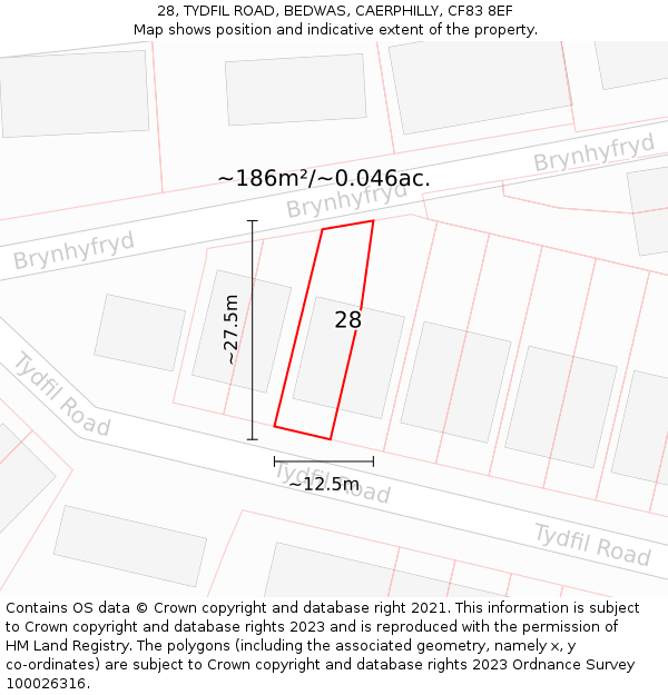 28, TYDFIL ROAD, BEDWAS, CAERPHILLY, CF83 8EF: Plot and title map