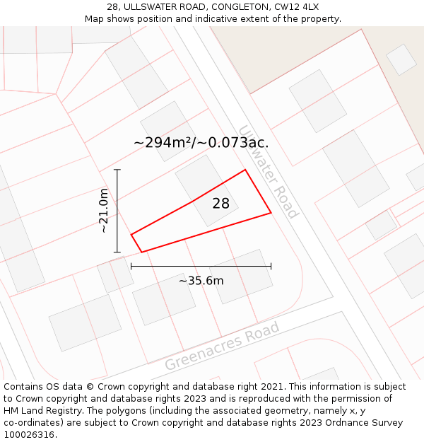 28, ULLSWATER ROAD, CONGLETON, CW12 4LX: Plot and title map