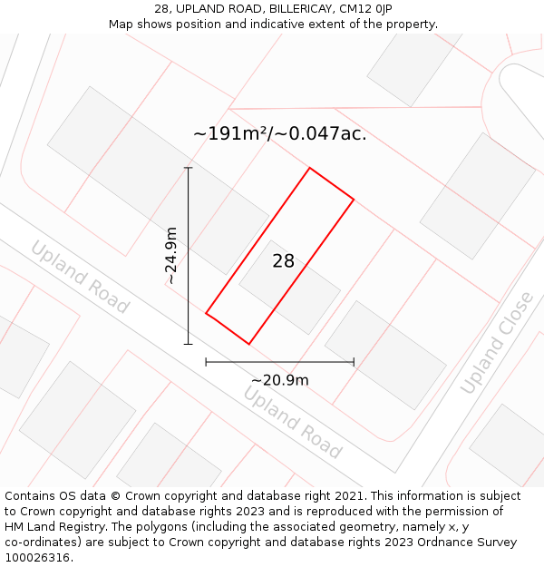 28, UPLAND ROAD, BILLERICAY, CM12 0JP: Plot and title map