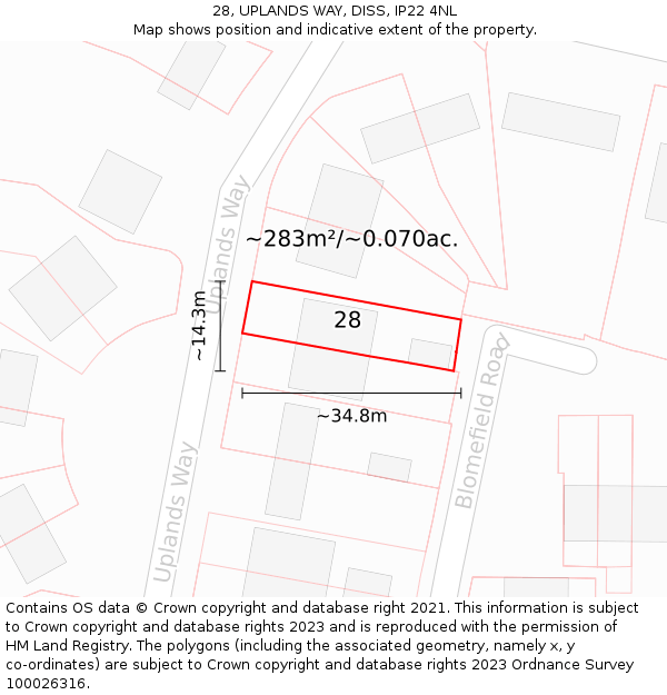 28, UPLANDS WAY, DISS, IP22 4NL: Plot and title map
