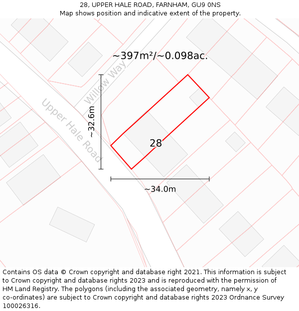 28, UPPER HALE ROAD, FARNHAM, GU9 0NS: Plot and title map