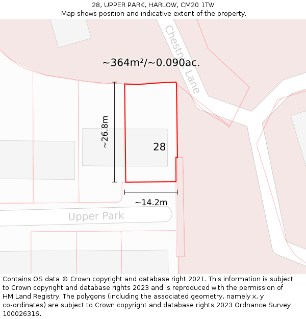 28, UPPER PARK, HARLOW, CM20 1TW: Plot and title map