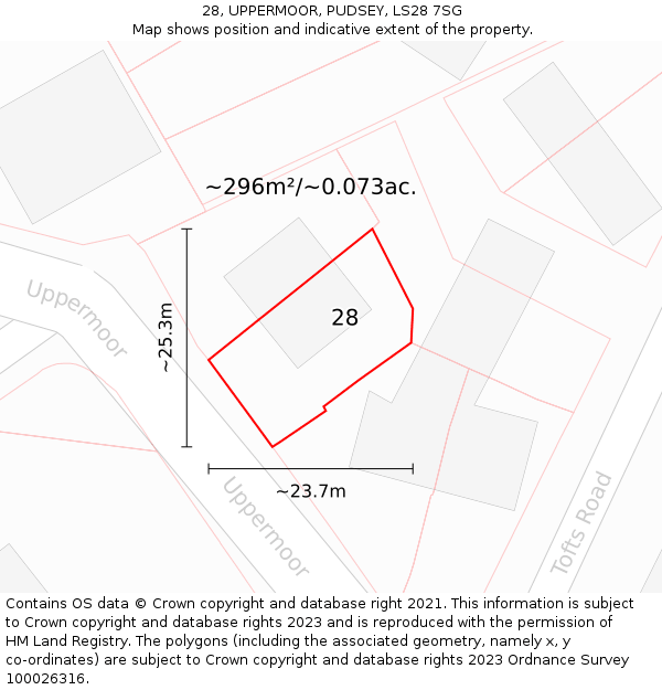 28, UPPERMOOR, PUDSEY, LS28 7SG: Plot and title map