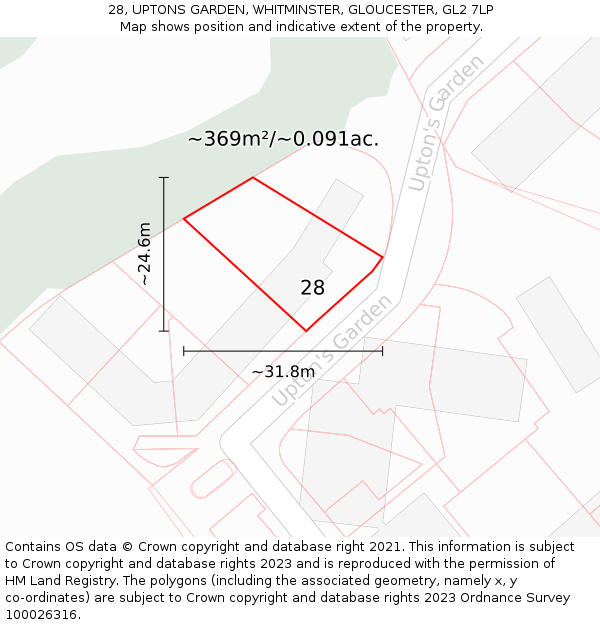 28, UPTONS GARDEN, WHITMINSTER, GLOUCESTER, GL2 7LP: Plot and title map