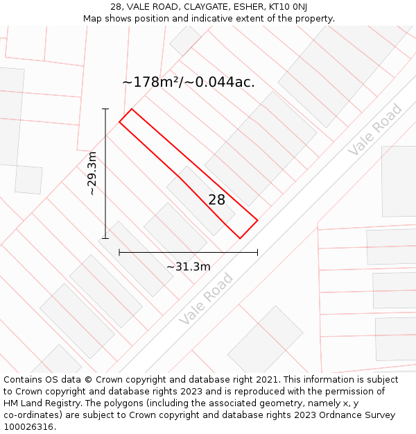 28, VALE ROAD, CLAYGATE, ESHER, KT10 0NJ: Plot and title map