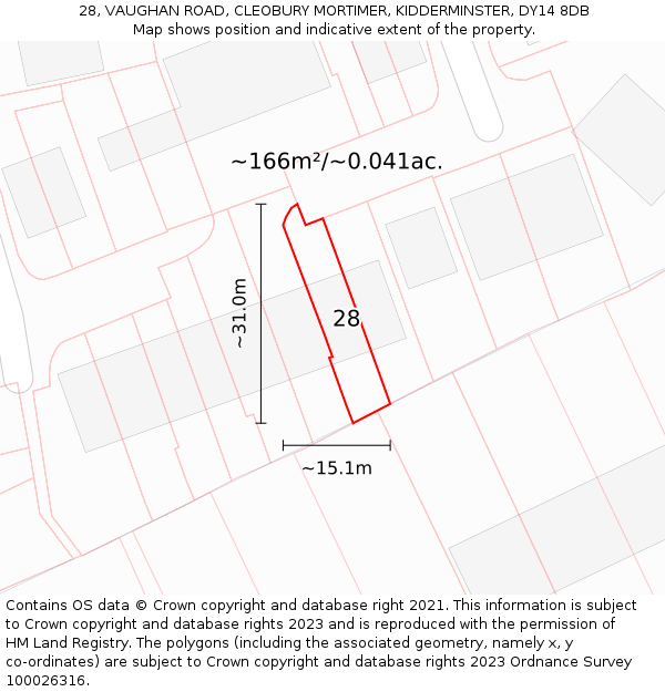 28, VAUGHAN ROAD, CLEOBURY MORTIMER, KIDDERMINSTER, DY14 8DB: Plot and title map
