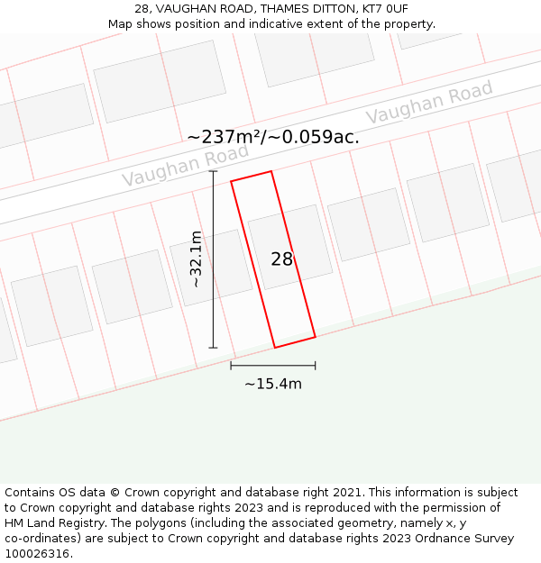 28, VAUGHAN ROAD, THAMES DITTON, KT7 0UF: Plot and title map