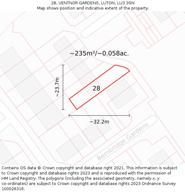 28, VENTNOR GARDENS, LUTON, LU3 3SN: Plot and title map