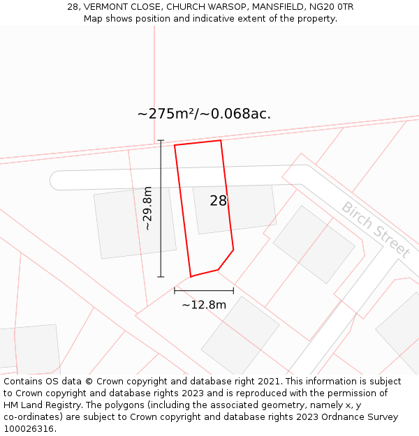 28, VERMONT CLOSE, CHURCH WARSOP, MANSFIELD, NG20 0TR: Plot and title map