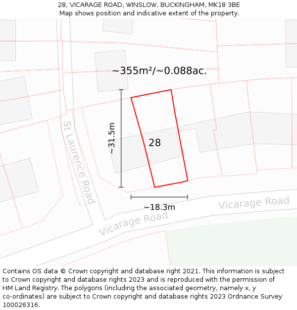 28, VICARAGE ROAD, WINSLOW, BUCKINGHAM, MK18 3BE: Plot and title map