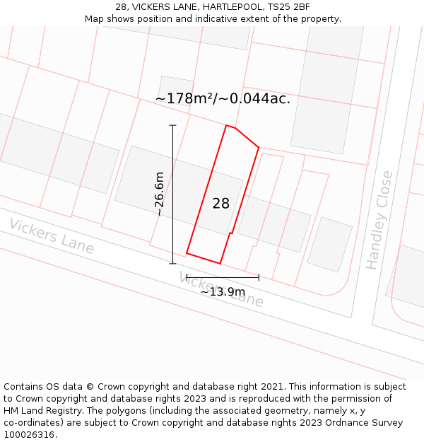 28, VICKERS LANE, HARTLEPOOL, TS25 2BF: Plot and title map