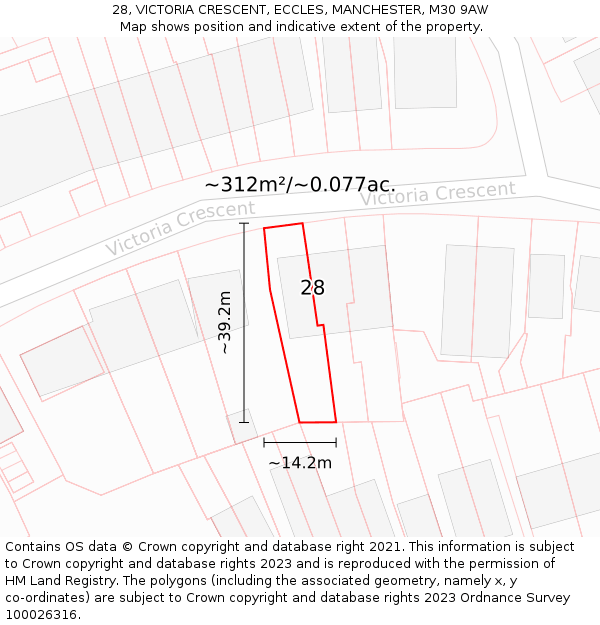 28, VICTORIA CRESCENT, ECCLES, MANCHESTER, M30 9AW: Plot and title map