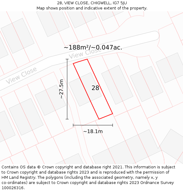 28, VIEW CLOSE, CHIGWELL, IG7 5JU: Plot and title map