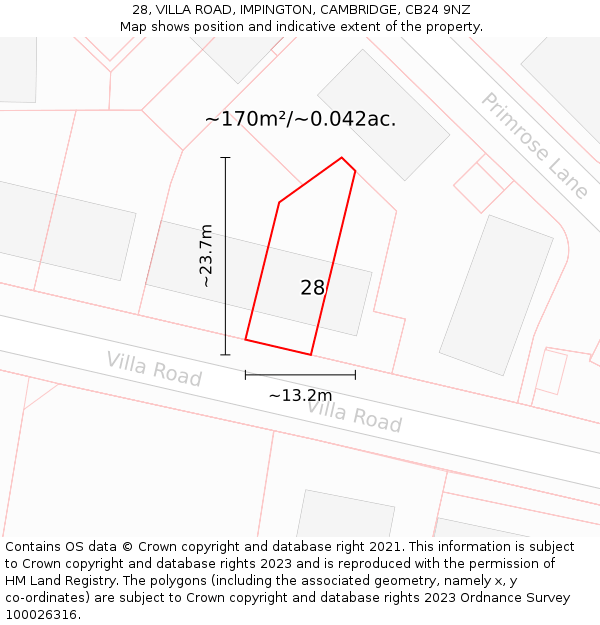 28, VILLA ROAD, IMPINGTON, CAMBRIDGE, CB24 9NZ: Plot and title map