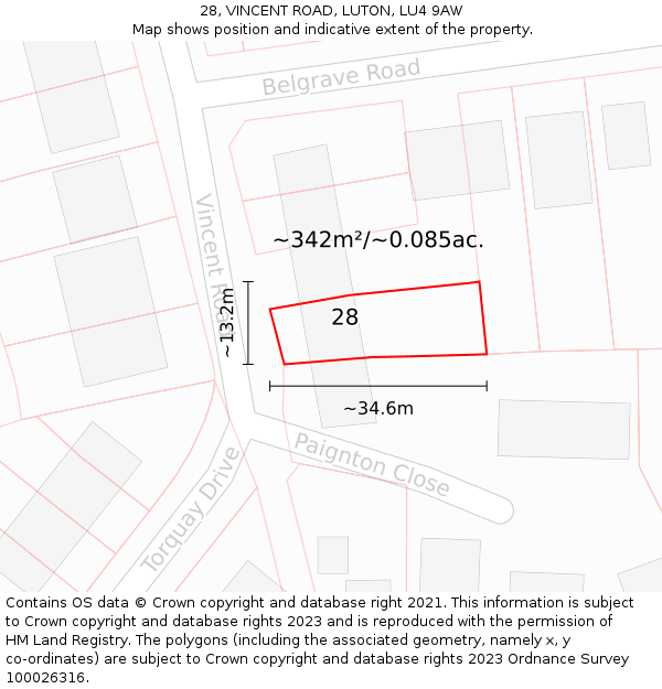 28, VINCENT ROAD, LUTON, LU4 9AW: Plot and title map