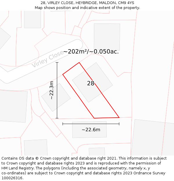 28, VIRLEY CLOSE, HEYBRIDGE, MALDON, CM9 4YS: Plot and title map