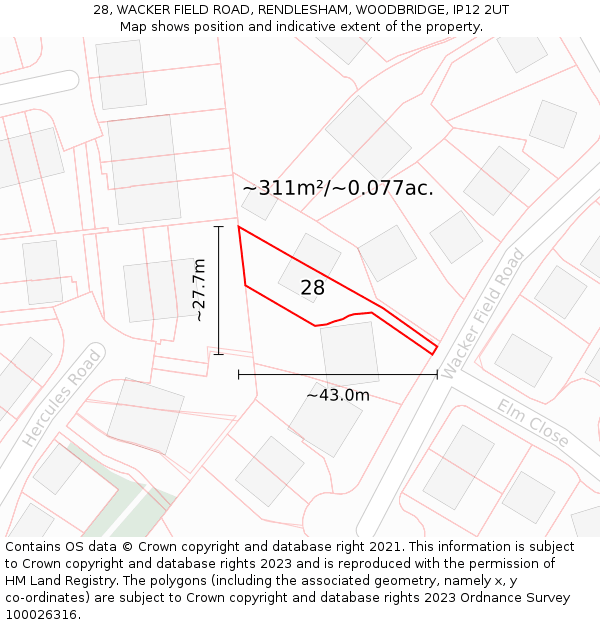 28, WACKER FIELD ROAD, RENDLESHAM, WOODBRIDGE, IP12 2UT: Plot and title map