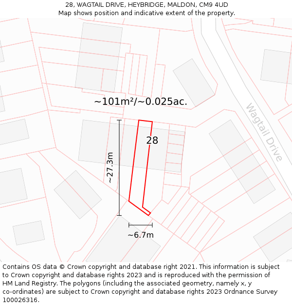 28, WAGTAIL DRIVE, HEYBRIDGE, MALDON, CM9 4UD: Plot and title map