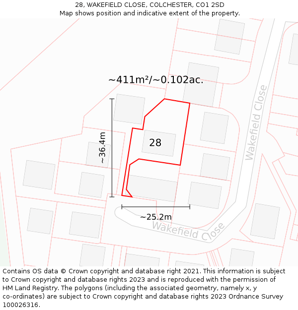 28, WAKEFIELD CLOSE, COLCHESTER, CO1 2SD: Plot and title map