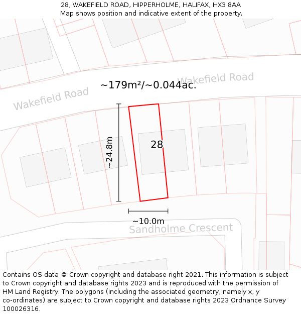 28, WAKEFIELD ROAD, HIPPERHOLME, HALIFAX, HX3 8AA: Plot and title map