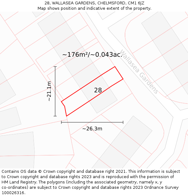 28, WALLASEA GARDENS, CHELMSFORD, CM1 6JZ: Plot and title map