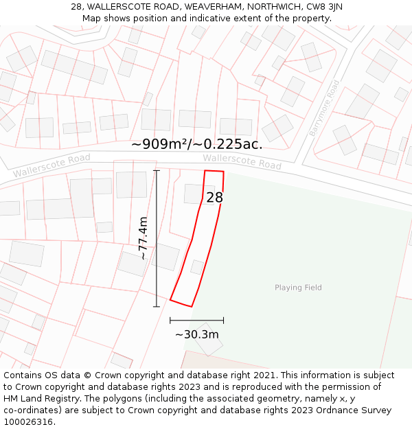 28, WALLERSCOTE ROAD, WEAVERHAM, NORTHWICH, CW8 3JN: Plot and title map