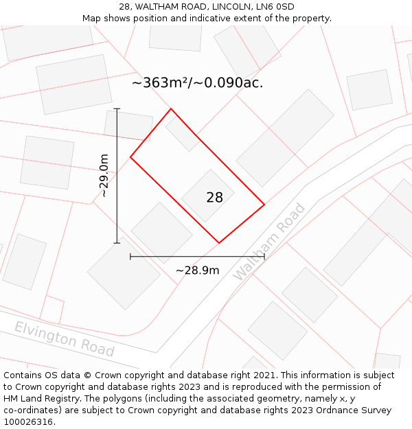 28, WALTHAM ROAD, LINCOLN, LN6 0SD: Plot and title map