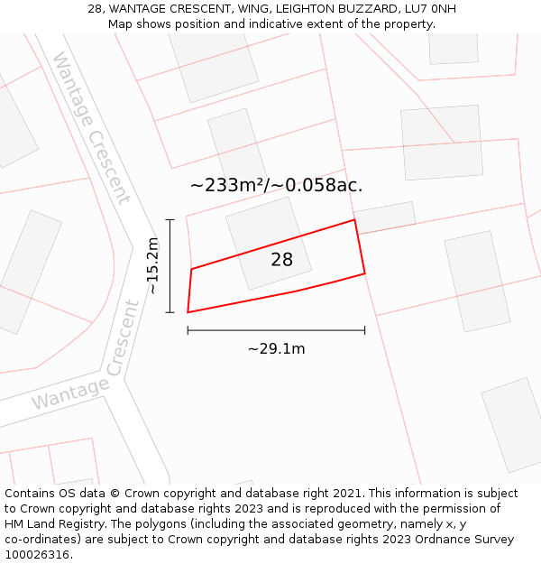 28, WANTAGE CRESCENT, WING, LEIGHTON BUZZARD, LU7 0NH: Plot and title map