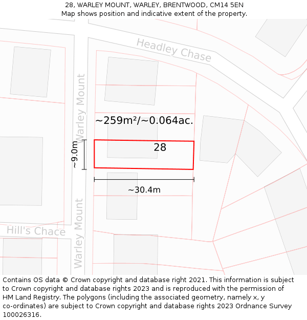 28, WARLEY MOUNT, WARLEY, BRENTWOOD, CM14 5EN: Plot and title map