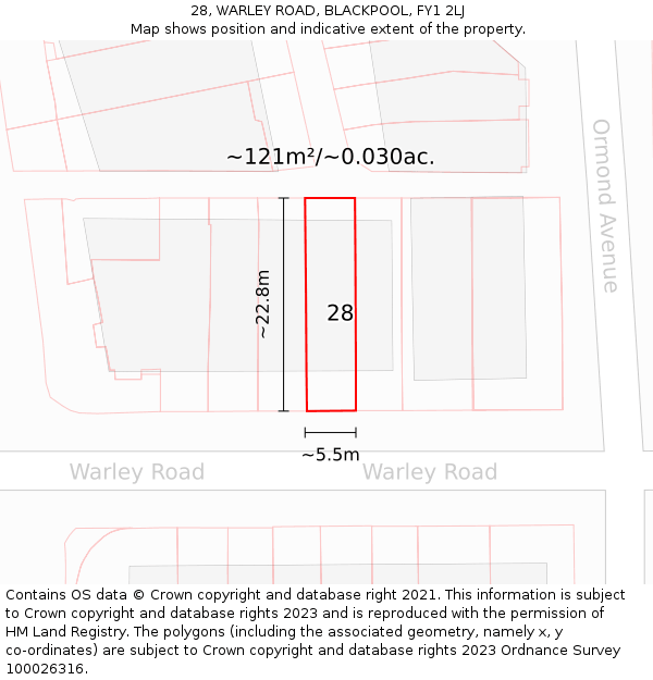 28, WARLEY ROAD, BLACKPOOL, FY1 2LJ: Plot and title map