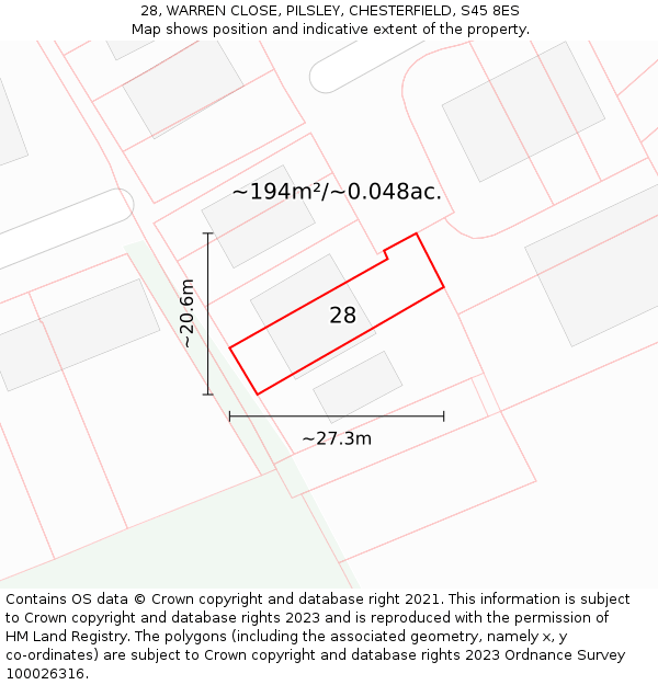 28, WARREN CLOSE, PILSLEY, CHESTERFIELD, S45 8ES: Plot and title map