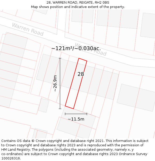 28, WARREN ROAD, REIGATE, RH2 0BS: Plot and title map