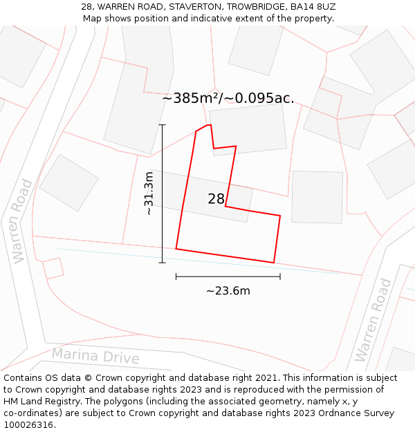 28, WARREN ROAD, STAVERTON, TROWBRIDGE, BA14 8UZ: Plot and title map
