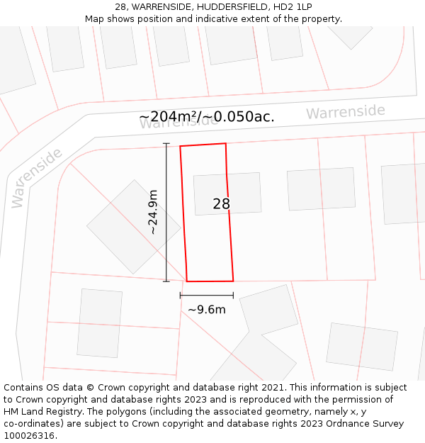 28, WARRENSIDE, HUDDERSFIELD, HD2 1LP: Plot and title map
