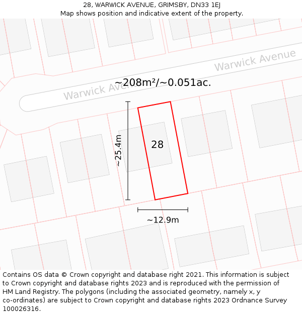 28, WARWICK AVENUE, GRIMSBY, DN33 1EJ: Plot and title map