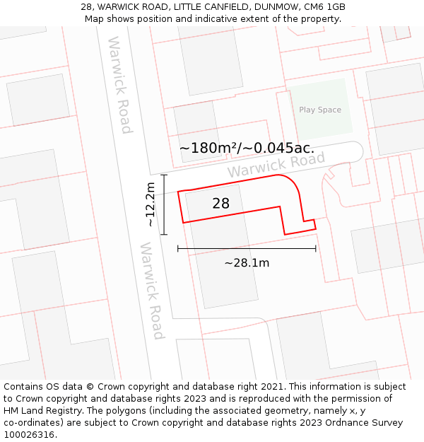 28, WARWICK ROAD, LITTLE CANFIELD, DUNMOW, CM6 1GB: Plot and title map
