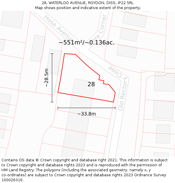 28, WATERLOO AVENUE, ROYDON, DISS, IP22 5RL: Plot and title map