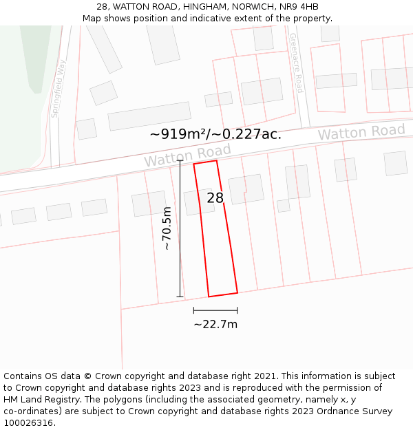 28, WATTON ROAD, HINGHAM, NORWICH, NR9 4HB: Plot and title map