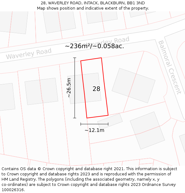 28, WAVERLEY ROAD, INTACK, BLACKBURN, BB1 3ND: Plot and title map