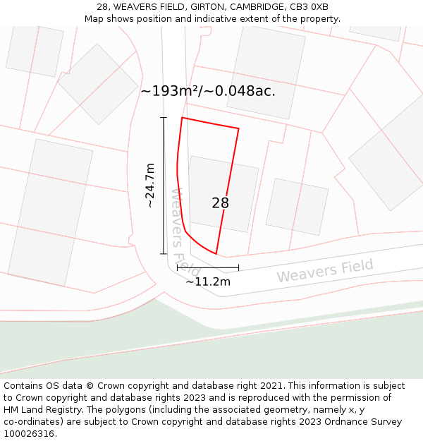 28, WEAVERS FIELD, GIRTON, CAMBRIDGE, CB3 0XB: Plot and title map