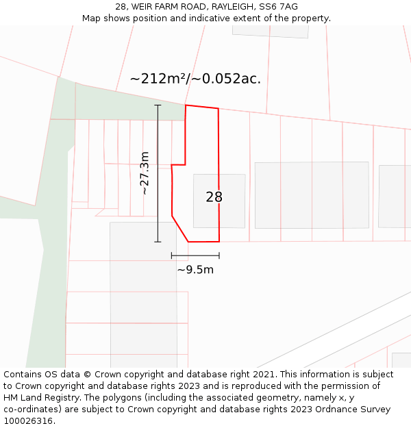 28, WEIR FARM ROAD, RAYLEIGH, SS6 7AG: Plot and title map