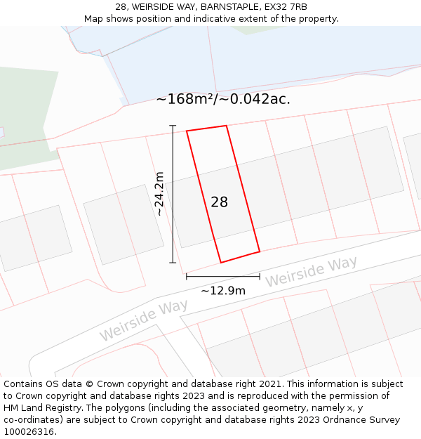28, WEIRSIDE WAY, BARNSTAPLE, EX32 7RB: Plot and title map