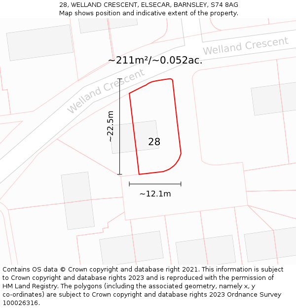 28, WELLAND CRESCENT, ELSECAR, BARNSLEY, S74 8AG: Plot and title map