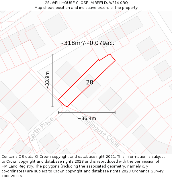28, WELLHOUSE CLOSE, MIRFIELD, WF14 0BQ: Plot and title map