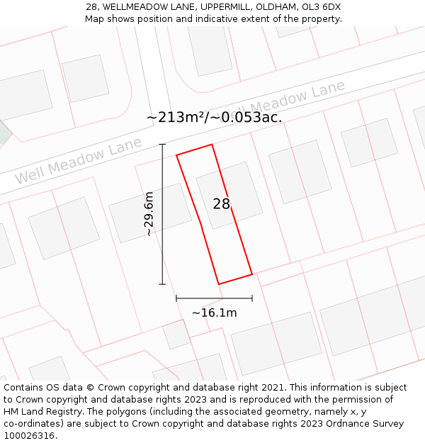 28, WELLMEADOW LANE, UPPERMILL, OLDHAM, OL3 6DX: Plot and title map