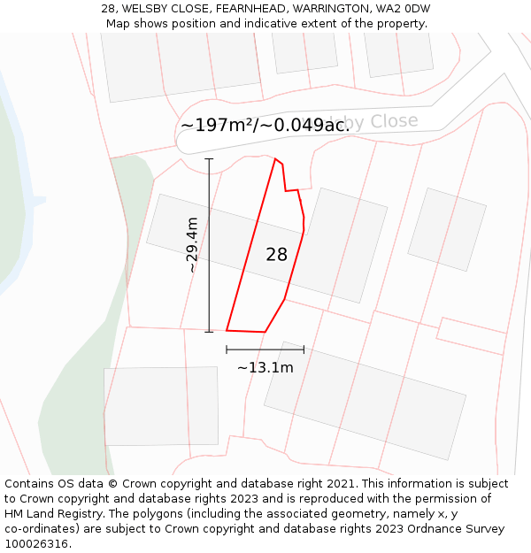 28, WELSBY CLOSE, FEARNHEAD, WARRINGTON, WA2 0DW: Plot and title map