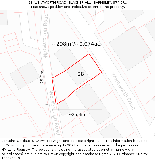 28, WENTWORTH ROAD, BLACKER HILL, BARNSLEY, S74 0RU: Plot and title map